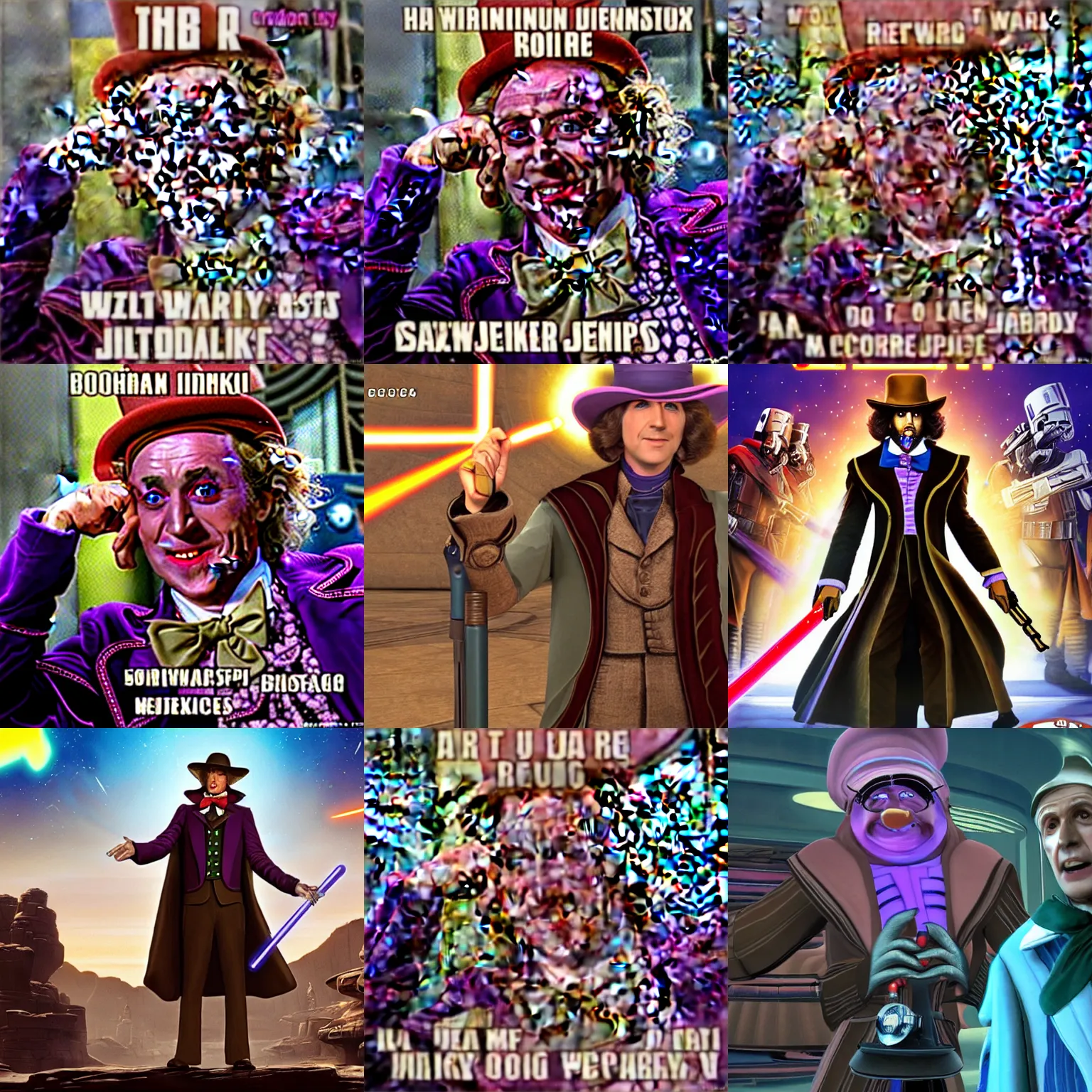 Prompt: Willy Wonka as a Jedi in Starwars the old republic, wearing a brown cloak in a cyberpunk city