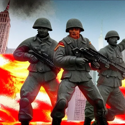 Image similar to The war between the Soviet Union and America, the action takes place in New York, far away against the background of the Statue of Liberty, a lot of soldiers and military equipment, a lot of explosions and tracer bullets, a lot of ruins, a very epic battle, The style of photography of the 80s, very detailed and detailed style