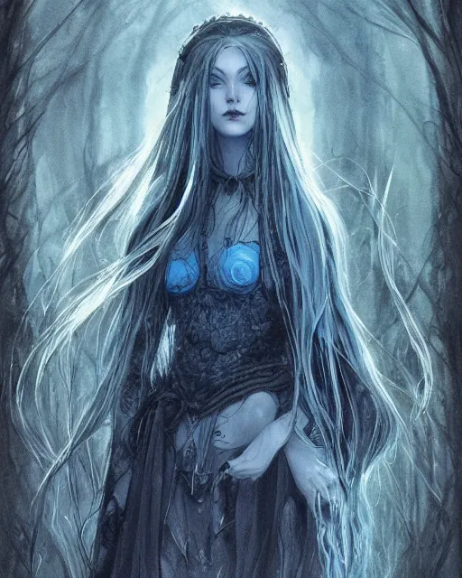 Image similar to portrait of a ranni the witch from elden ring, blue hair, elegant, beautiful, mesmerizing, concept art, highly detailed, artstation, behance, deviantart, trending, ayami kojima, shinichi sakamoto, kaoru mori