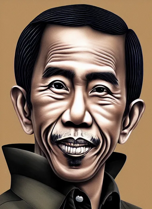 Image similar to a portrait of jokowi, fine - face, by basuki abdullah and raden saleh, banksy and kentaro miura style, trending on art station