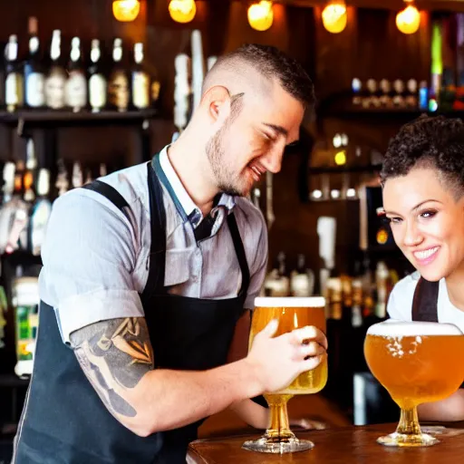 Prompt: cute bartender with shaved head and short bartender pouring beer at Irish pub