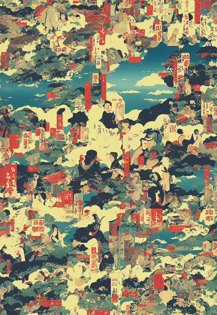 Image similar to highly creative award winning poster art collage to promote a TV series about discovering the wonders of the Japanese countryside, bold graphic design