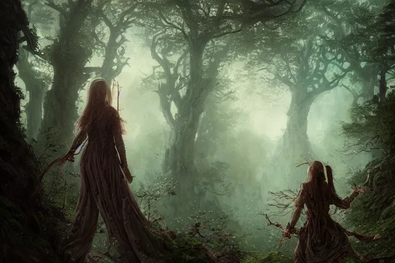 Image similar to detailed intricate digital illustration by greg rutkowski and david friedrich and ruan jia and fenghua zhong and steven belledi ; portrait of fairy girl standing in gothic fantasy valley and forest faerie fey unseelie in background ; 1 3 mm film, arri alfa anamorphic lens ; sharp focus, eventide, fireflies ; trending on artstation 8 k