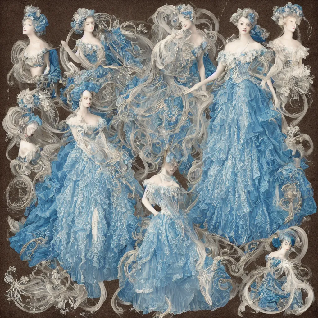 Prompt: Bluedress design in the style of rococo ，Victorian era，jellyfish element，dreamy, soft ,Backlight ,luminescence，highly detailed,8k