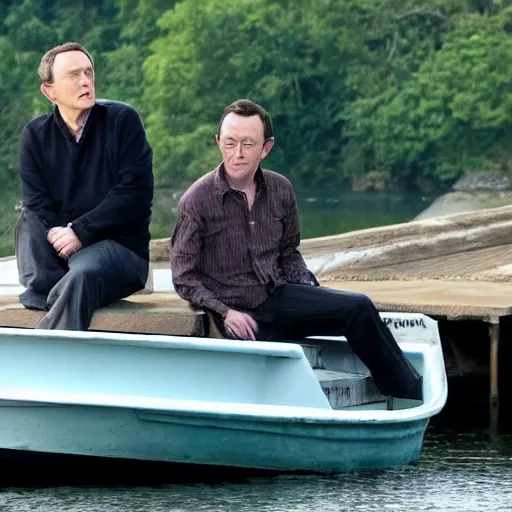 Prompt: john lock and ben linus sitting on a boat
