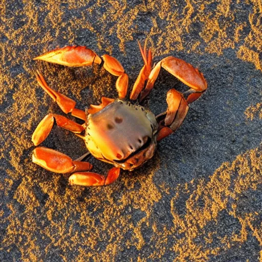 Image similar to crab ( holding a knife in its claw ) nature photography, golden hour