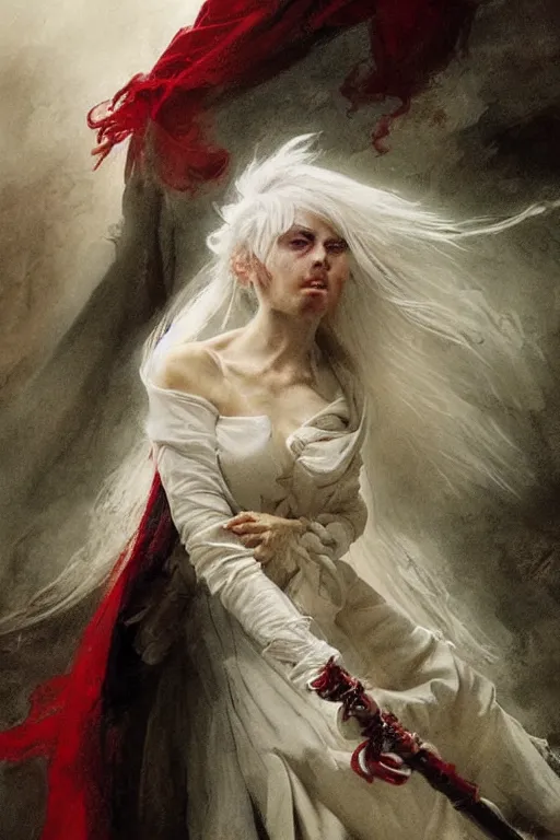 Image similar to a vampire with long light white hair and a red scarf, windy, ribbons, melancholic, modern maximalist fashion dress, is ( ( holding a sword ) ). light dust, magnificent, hyperdetailed, theatrical, painted by jean honore fragonard and greg rutkowski