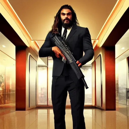 Prompt: jason momoa in dark suit holding AK-47, standing in lobby of office building, style of GTA V, octane render