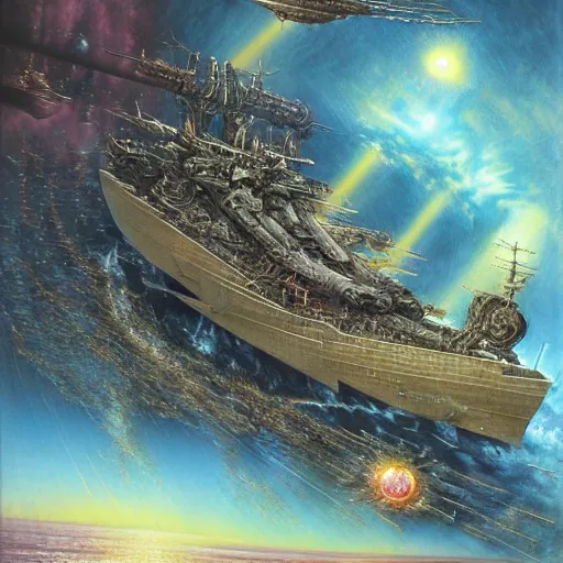 Prompt: detailed image of a dreadnaught star crusier battle ship by Ayami Kojima, Amano, Karol Bak, Greg Hildebrandt, and Mark Brooks, rich deep colors. Beksinski painting, part by Adrian Ghenie and Gerhard Richter. art by Takato Yamamoto. masterpiece . intricate artwork by Tooth Wu and wlop and beeple, greg rutkowski, very coherent symmetrical artwork, cinematic, hyper realism, high detail, octane render, unreal engine, 8k, Vibrant colors, Smooth gradients, High contrast, depth of field. by Katsuhiro Otomo, full body character drawing, inspired by Evangeleon, clean ink detailed line drawing, intricate detail, extremely detailed. painting by Arthur Rackham, Eugene de Blaas, Frederic Leighton