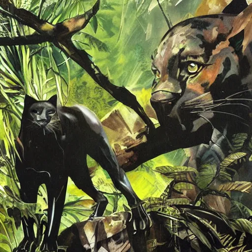 Image similar to black panther in the jungle by dave mckean and yoji shinkawa, oil on canvas