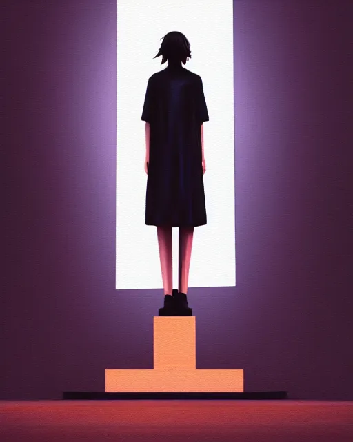 Image similar to a painting of a woman standing in front of a statue, a screenshot by stanley twardowicz, cgsociety, aestheticism, aesthetic, vaporwave, anime aesthetic