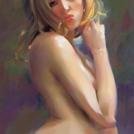 Prompt: blonde wife undressing, painting by Vladimir Volegov