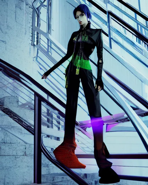 Prompt: a model wearing balenciagai's japanese clothes and standing on stairs, cyberpunk art, colorful, behance contest winner, daz 3 d, futurism, reimagined by industrial light and magic, behance hd