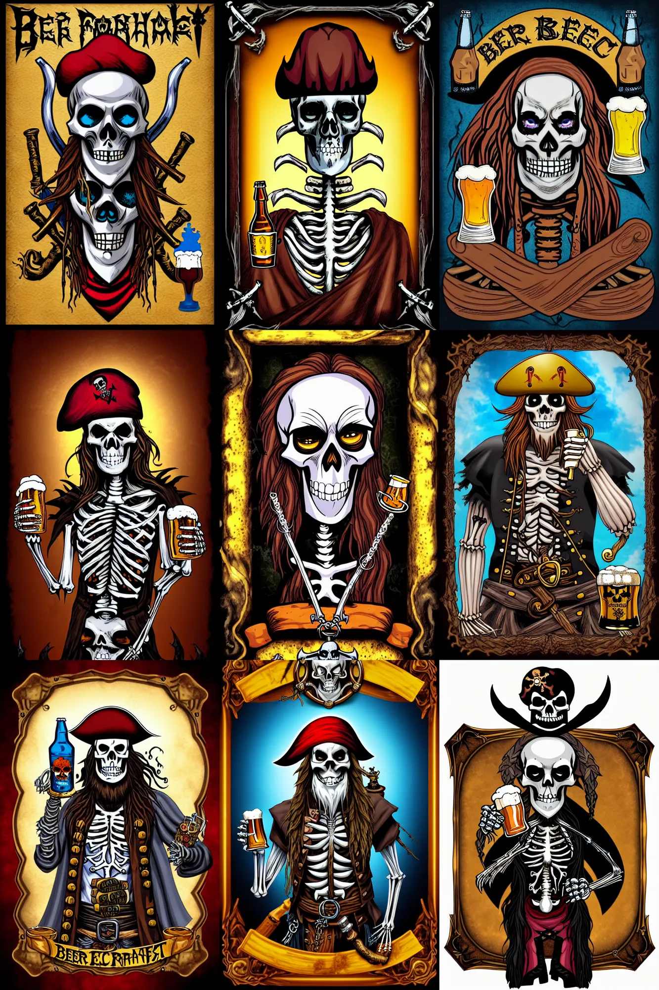 Prompt: beer label frame of An epic fantasy comic book style skeleton gothic pirate with its beer treasure, making potion for the well served people of the darkness, book style whole body painting of a old pirate, long hair beard, very happy, light intriguing piercing eyes, good young girl, smirk, square face, brown medium hair, wearing rugged red silk shirt and blue trouser, holding a fish in his hand, awesome pose, character design by Mark Ryden and Pixar and Hayao Miyazaki, unreal 5, DAZ, hyperrealistic, octane render, dynamic lighting, intricate detail, summer vibrancy, cinematic