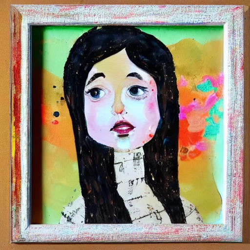 Image similar to a mixed media painting of a whimsical girl