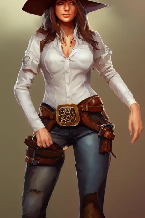 Image similar to full body, female cowgirl, perfect face, white blouse, holster, 8 k, magic the gathering, desert, d & d, artstation, high detail, smooth, sweaty character concepts by senior concept artist