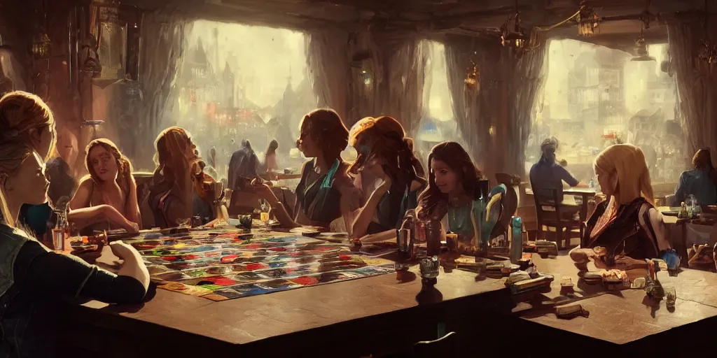 Image similar to Women playing board games at the bar, Greg Rutkowski, Frank Miller, trending on Artstation, 8K, ultra wide angle, establishing shot, pincushion lens effect, zenith view