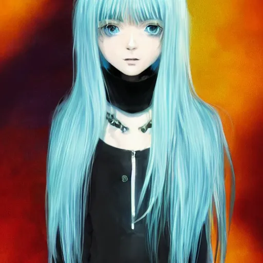 Image similar to full face shot of rimuru tempest, sky blue straight hair, long bangs, with amber eyes, wearing a black jacket, high collar, ultra detailed, concept art, award winning photography, digital painting, cinematic, wlop artstation, closeup, pixiv, evil, yoshitaka amano, andy warhol, ilya kuvshinov,