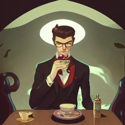 Image similar to a weasel in a suit was drinking tea, surrounded by tea houses ambient lighting, 4 k, lois van baarle, ilya kuvshinov, rossdraws, alphonse mucha, jung gi kim, artstation