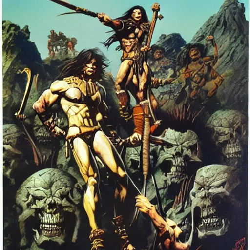 Prompt: warriors standing on a mountain of skulls. Artwork by Frank Frazetta and Boris Vallejo. Inspired by Conan the barbarian