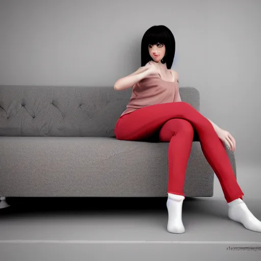 Image similar to 3 d render of a cute thin young woman, red blush, wearing casual clothes, small smile, relaxing on a couch, cuddling up under a blanket, cozy living room, medium shot, 8 k, octane render, trending on artstation, art by artgerm, unreal engine 5, hyperrealism, hyperdetailed, ultra realistic