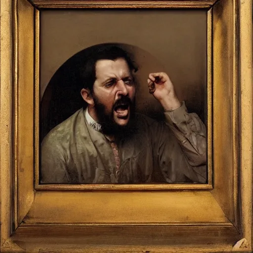 Image similar to an angry man yells at his computer monitor, oil on canvas, 1 8 8 3, highly detailed