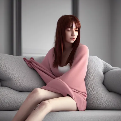 Image similar to 3 d render of a cute thin young woman, red blush, wearing casual clothes, small smile, relaxing on a couch, cuddling up under a blanket, cozy living room, medium shot, 8 k, octane render, trending on artstation, art by artgerm, unreal engine 5, hyperrealism, hyperdetailed, ultra realistic