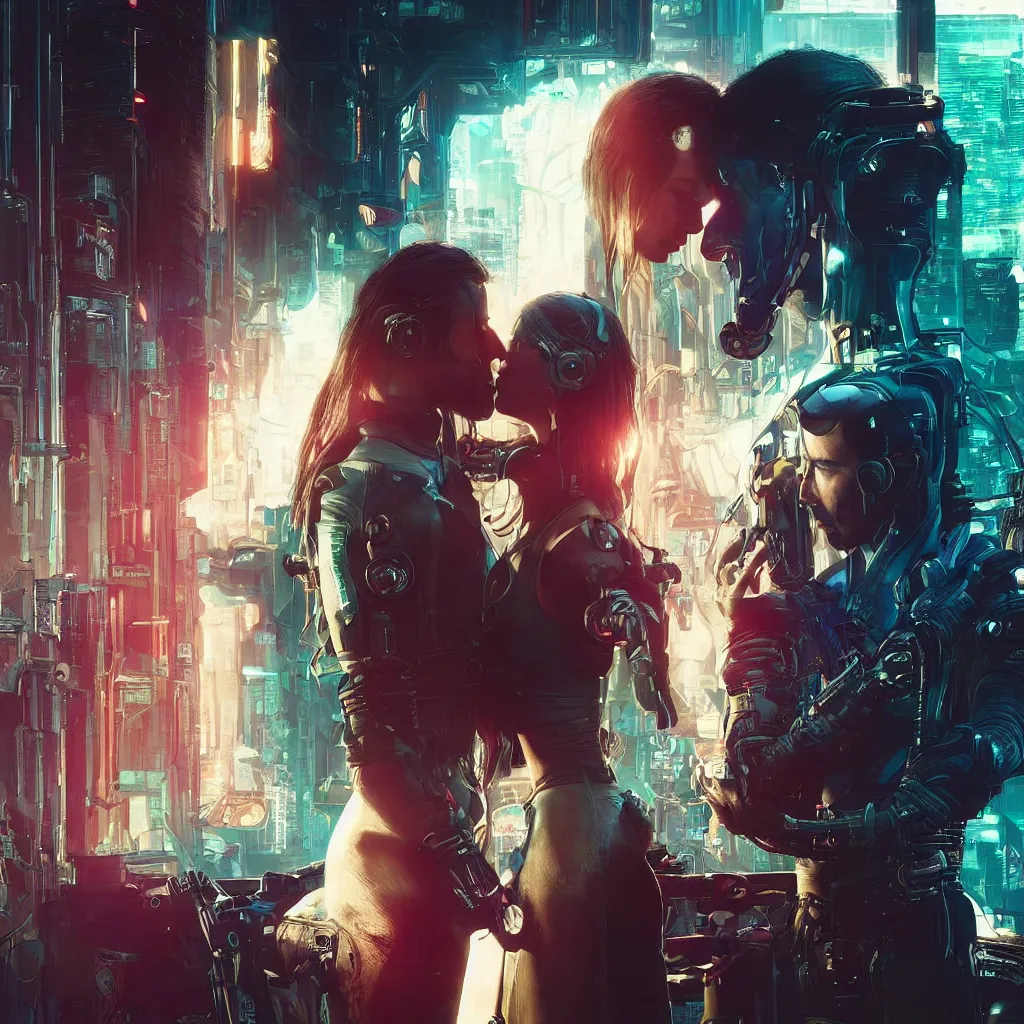 Prompt: a cyberpunk 2077 srcreenshot couple portrait of Keanu Reeves and female android final kiss,love,film lighting,by Laurie Greasley,Lawrence Alma-Tadema,Andrei Riabovitchev,Dan Mumford,John Wick,Speed,Replicas,artstation,deviantart,FAN ART,full of color,Digital painting,face enhance,highly detailed,8K,octane,golden ratio,cinematic lighting