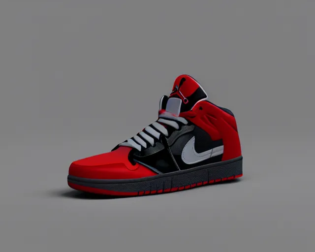 Image similar to 3D render of mid height air jordan sneakers with the joker design, cinematic, studio lighting, award winning, highly detailed, 4k, hd, sharp