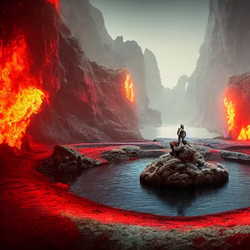 Image similar to landscape of a large Infiniti pool sitting in hell. intricate artwork by artstation. halo. octane render, cinematic, hyper realism, octane render, 8k, bokeh, demonic, dark, devil, demons, mist, red illuminating fog, rocks, hell. scheme.