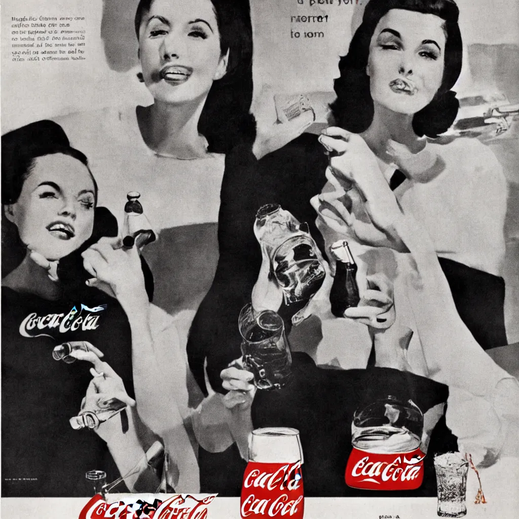 Image similar to a woman drinking a bottle of coke, coka-cola advertisement, retro ad, print advertising, 1960's