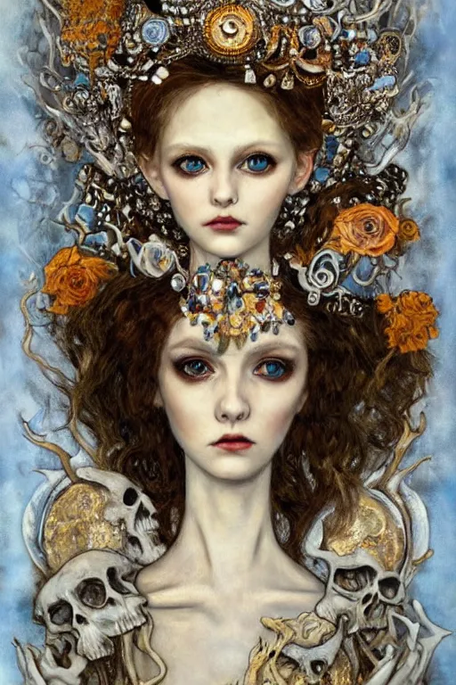 Image similar to The Princess of Bones by Karol Bak, Jean Deville, Gustav Klimt, and Vincent Van Gogh, portrait of a porcelain doll princess wearing a crown, beautiful porcelain ball-joint doll face, BJD, pale blue eyes, mystic eye, otherworldly, crown made of bones, ornate jeweled crown, skulls, fractal structures, arcane, inscribed runes, infernal relics, ornate gilded medieval icon, third eye, spirals, rich deep moody colors