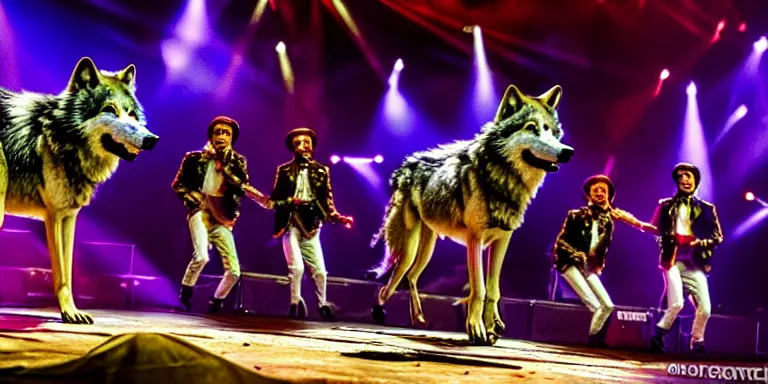 Prompt: wolves perfoming in the circus. long shot. extremely high detail