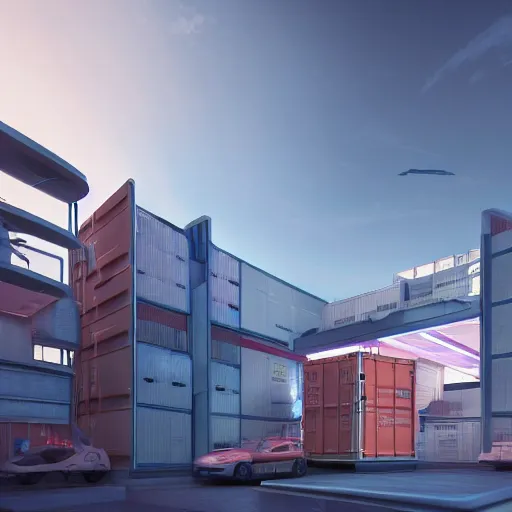 Image similar to architectural render of glowing sci fi container alongside a modern hospital in a pleasant urban setting, day - time, harsh light, award - winning, high res, 4 k, artstation