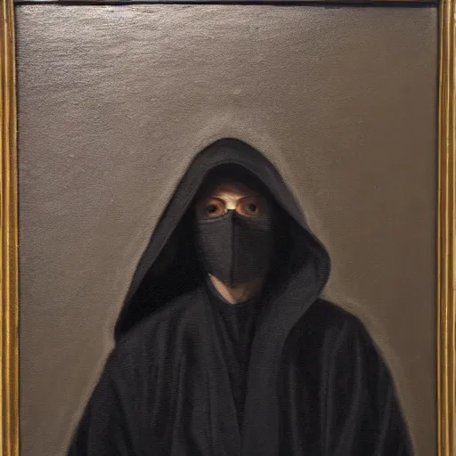 Prompt: a portrait of a man wearing black hood and robes, shadows covering face, ominous, dark, oil painting