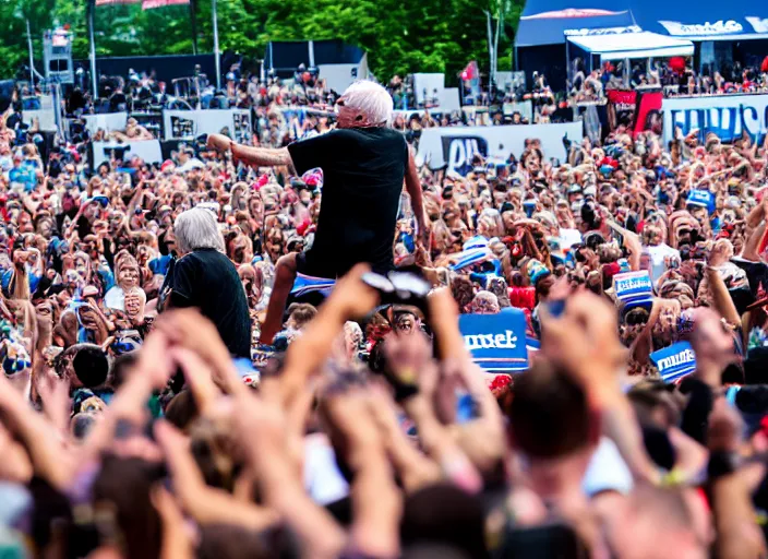 Prompt: photo still of bernie sanders at vans warped tour!!!!!!!! at age 8 0 years old 8 0 years of age!!!!!!! stage diving into a crowd, 8 k, 8 5 mm f 1. 8, studio lighting, rim light, right side key light