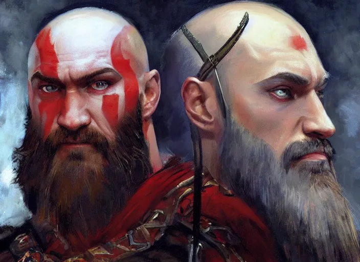 Image similar to a highly detailed beautiful portrait of vladimir putin as kratos, by gregory manchess, james gurney, james jean