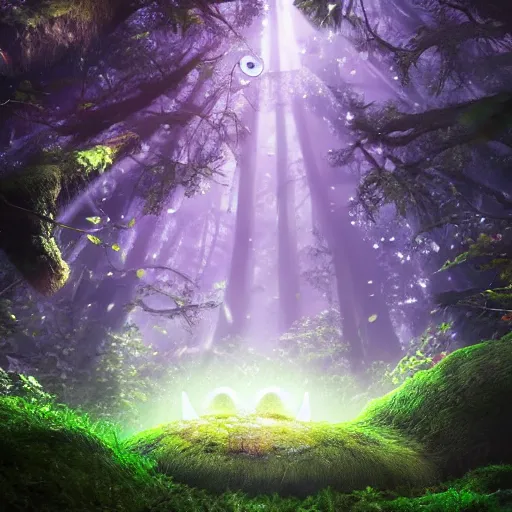 Prompt: A forest with a ray of light shining down onto the forest floor, soot sprouts floating, totoro hiding behind tree, magical, enchanting, beautiful, fantasy, digital art, high detail, excellent quality, 4K, OLED