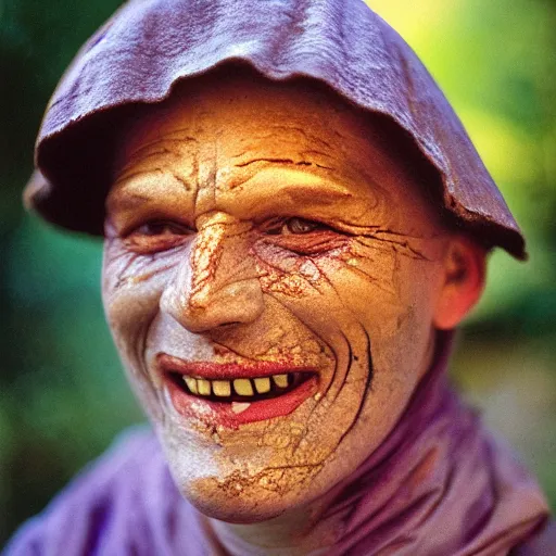 Prompt: The smiling face of a 500 year old man, soft butterfly lighting, Fujifilm Velvia, F 1.2