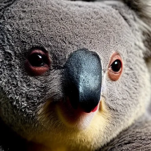 Image similar to Koala Bear, human facial features, fumanchu stache, fearsome stare