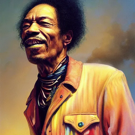 Image similar to UHD tonalism painting of an elderly, old Jimmy Hendrix, by Antonio Caparo and Ferdinand Knab and Greg Rutkowski, UHD, photorealistic, trending on artstation, trending on deviantart