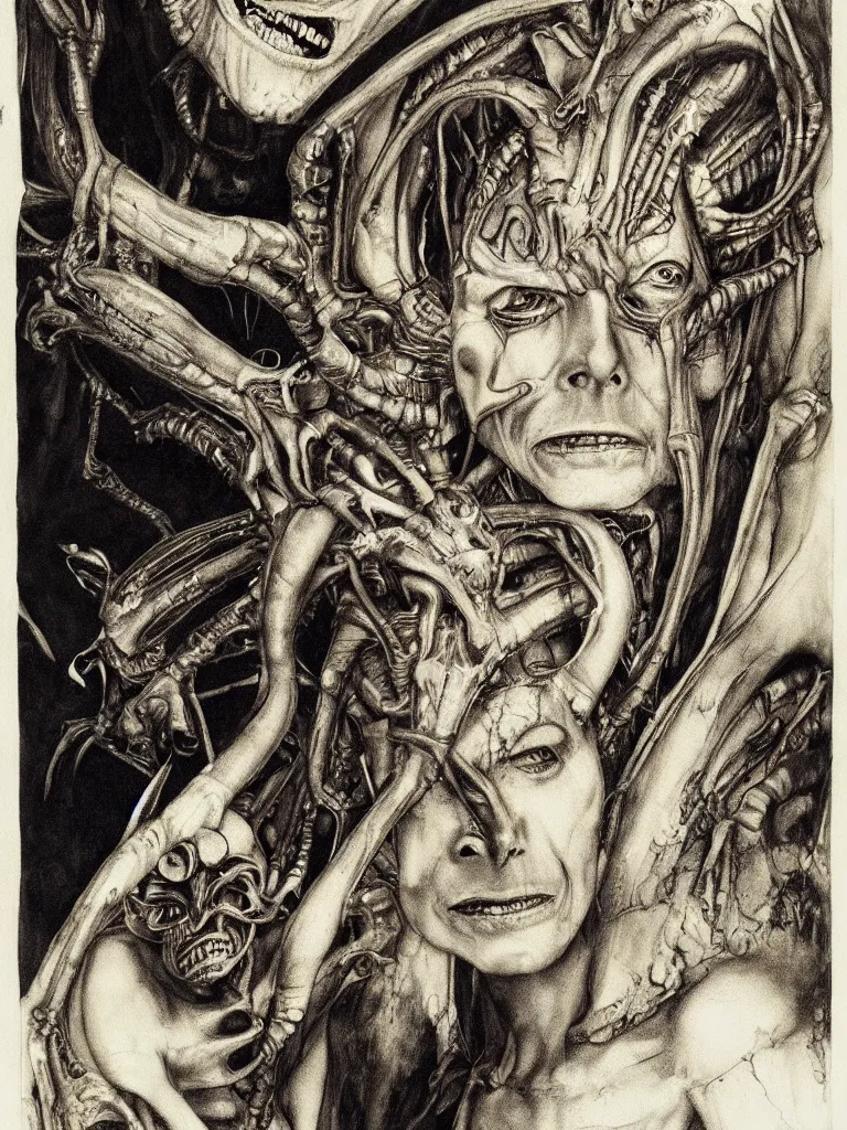 Prompt: a beautiful portrait of david bowie with a xenomorph alien queen by h.r. giger and by arthur rackham, detailed, proportional, trending on art station, 4k