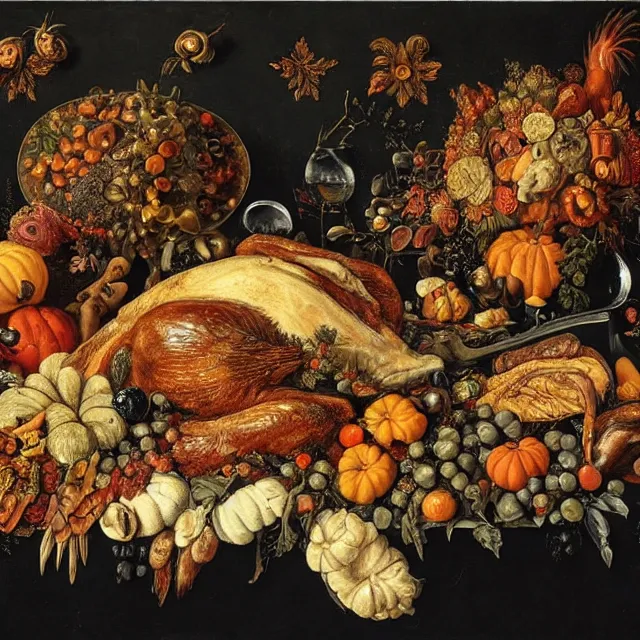 Image similar to victorian thanksgiving feast, black background, vanitas, still life by giuseppe arcimboldo, intricate high detail masterpiece