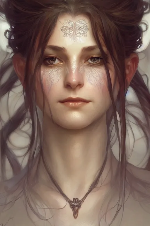 Image similar to up close portrait of a beautiful fae, d & d, face, fantasy, intricate, elegant, highly detailed, digital painting, artstation, concept art, smooth, sharp focus, illustration, art by artgerm and greg rutkowski and alphonse mucha