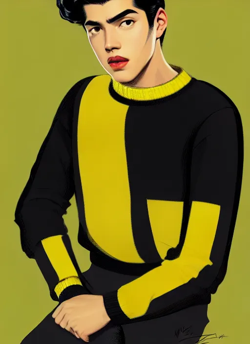 Image similar to portrait of young reggie mantle, mean smirk, egotistical, slicked back hair, striped yellow and black sweater, 1 9 5 0 s, intricate, elegant, glowing lights, highly detailed, digital painting, artstation, concept art, smooth, sharp focus, illustration, art by wlop, mars ravelo and greg rutkowski