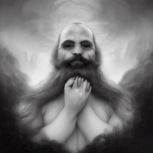 Prompt: By Tom Bagshaw, ultra realist soft painting of gloomy universe by night, silly Dwarf smile beard, symmetry accurate features, very intricate details, ominous sky, black and white, volumetric light clouds