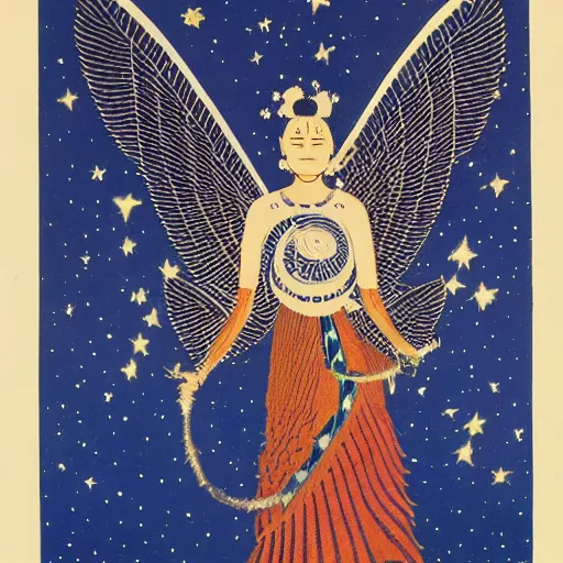 Image similar to perspective pointillism, manichaean artwork by frank stella, by ravi zupa. a experimental art of a woman with wings made of stars, surrounded by a blue & white night sky. the woman is holding a staff in one hand, & a star in the other. she is wearing a billowing dress, & her hair is blowing in the wind.