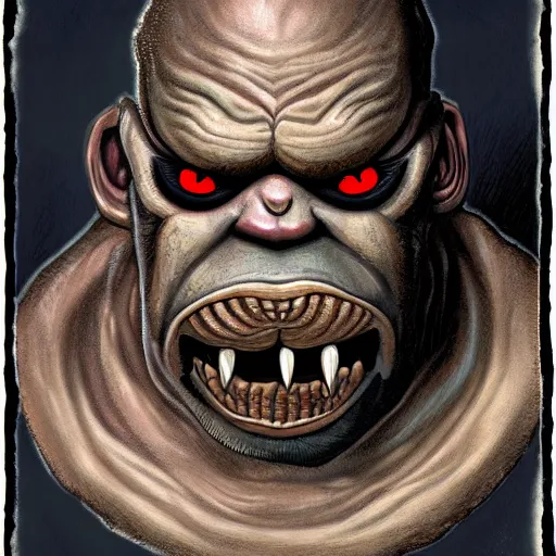 Image similar to grimpunk vile reprobate portrait portrait Cyclops Ogre grimaces with horrible tusks face eye nose septum ring ears Dave Dorman