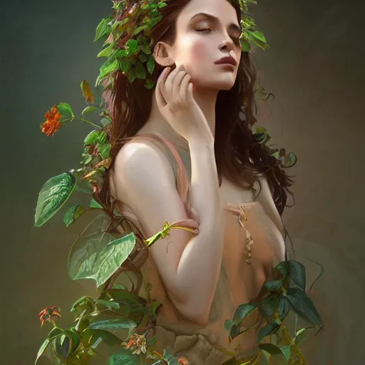 Image similar to A gorgeous young woman plant hybrid, vine and plants and flowers, intricate, digital painting, highly detailed, concept art, Artstation, Cgsociety, Artgerm, Alphonse Mucha, Wlop, cinematic lighting, sharp focus