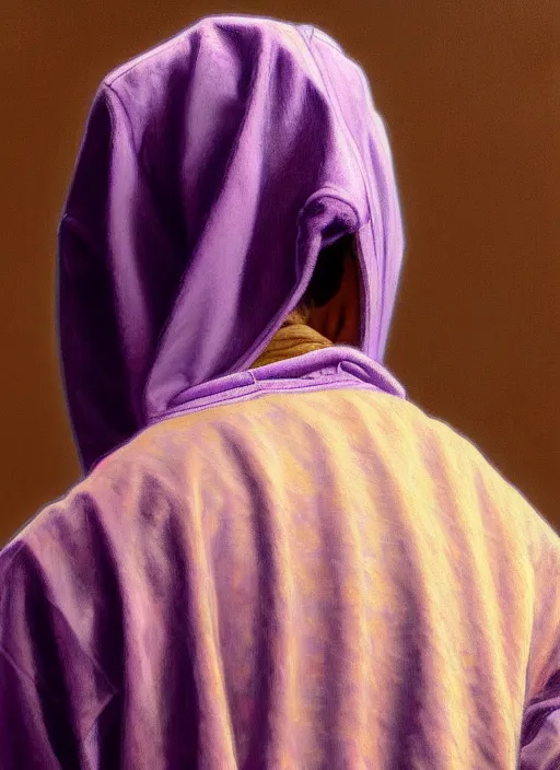Image similar to young man in a purple hoodie, back view, messy short brown hair, colourful, oil painting, intricate, elegant, highly detailed, lighting, painting, artstation, smooth, illustration, art by greg rutowski and alphonse mucha